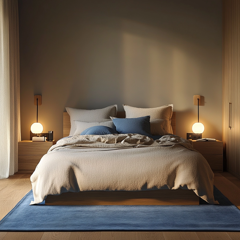 bedroom with blue rug 1