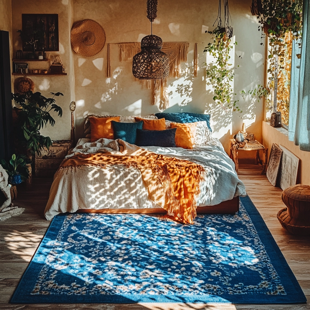 bedroom with blue rug 17