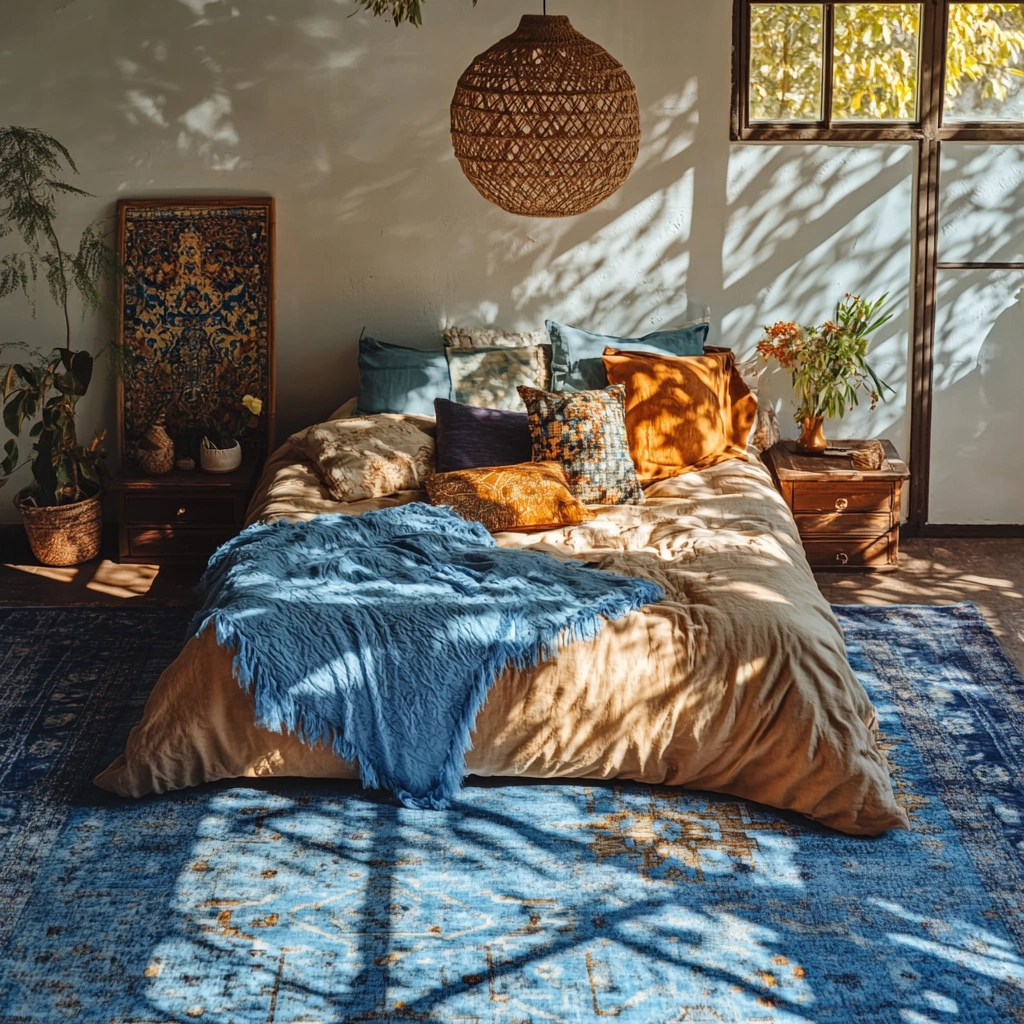 bedroom with blue rug 19