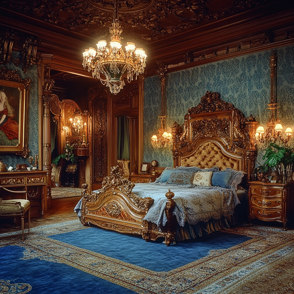 bedroom with blue rug 33