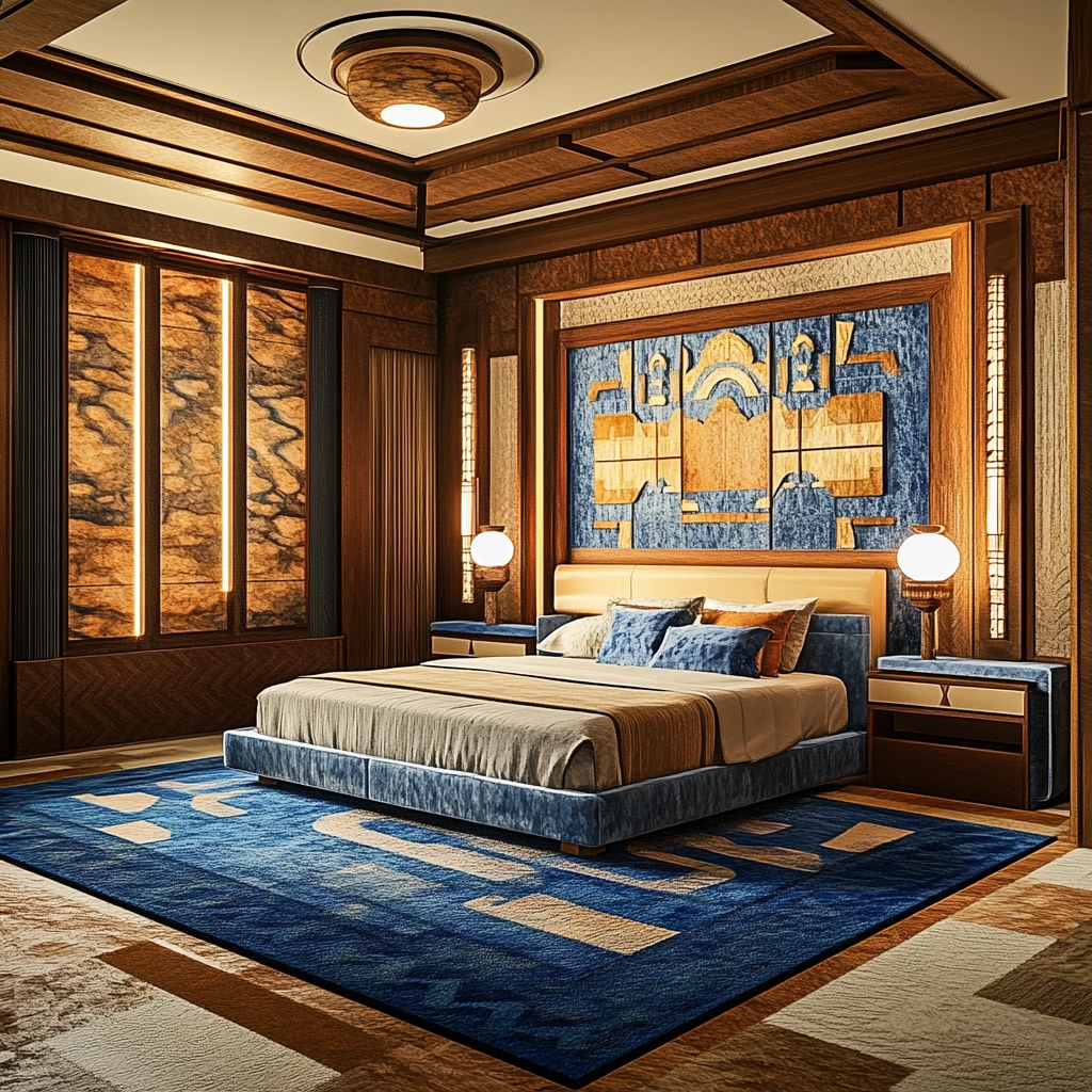 bedroom with blue rug 42