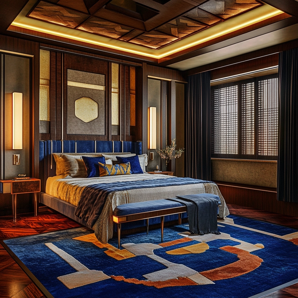 bedroom with blue rug 43