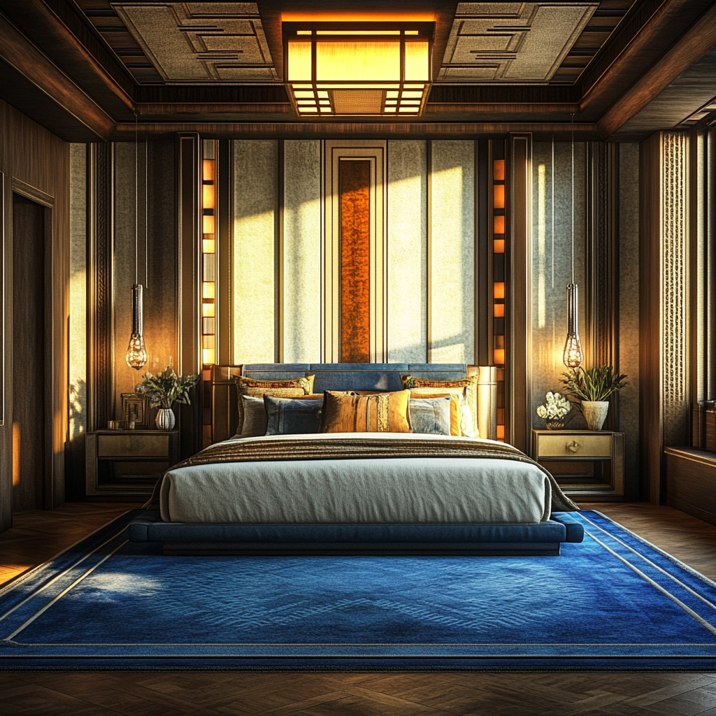 bedroom with blue rug 44