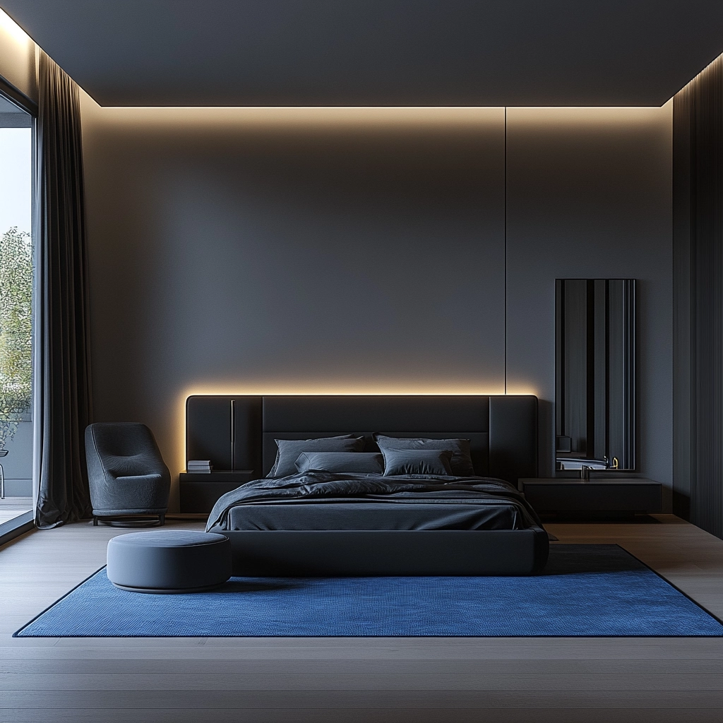 bedroom with blue rug 52