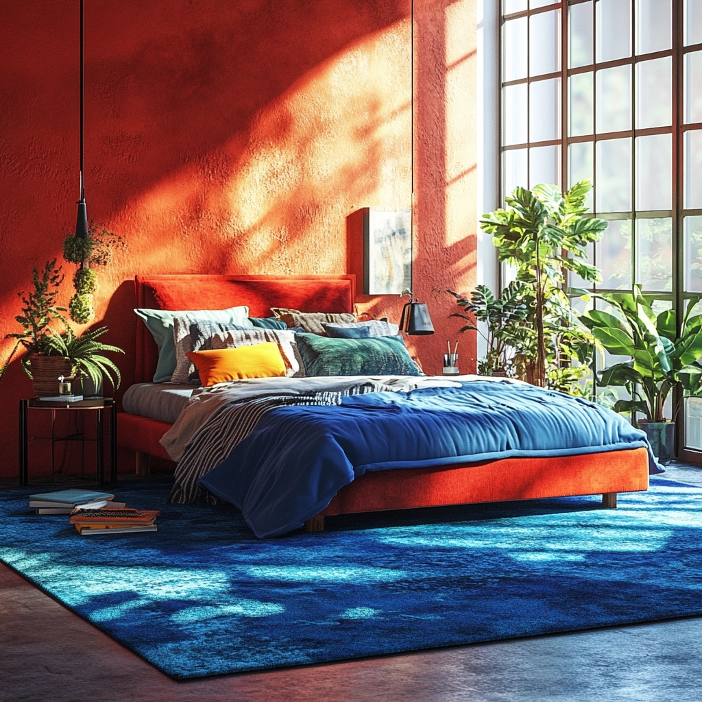 bedroom with blue rug 56