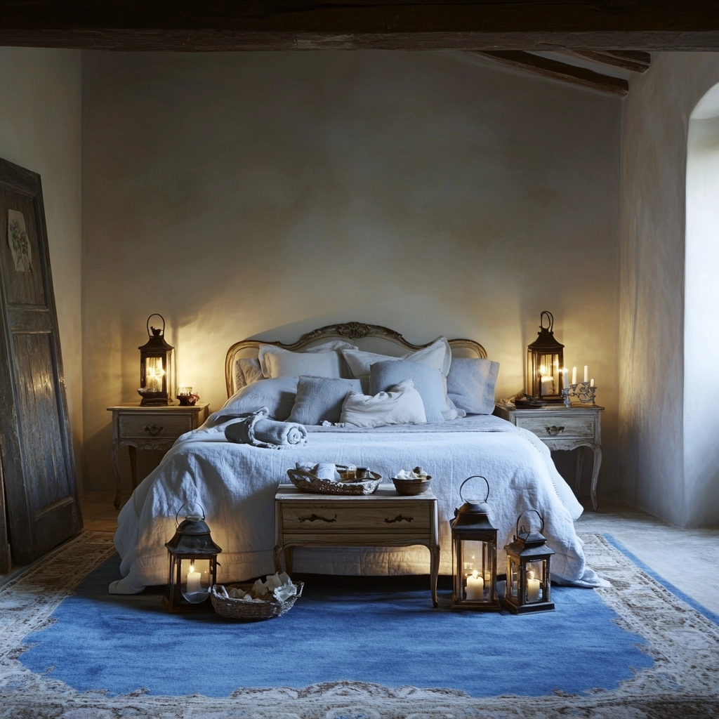 bedroom with blue rug 60