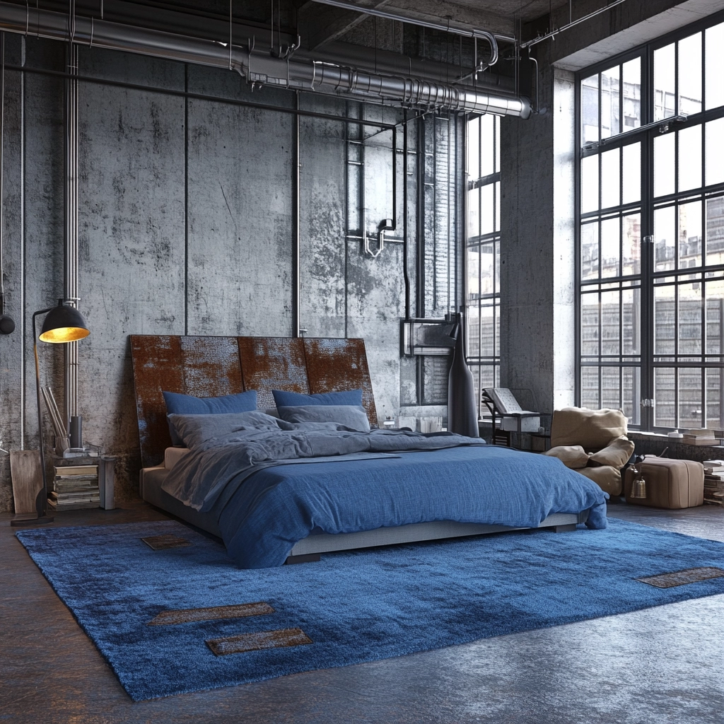 bedroom with blue rug 63