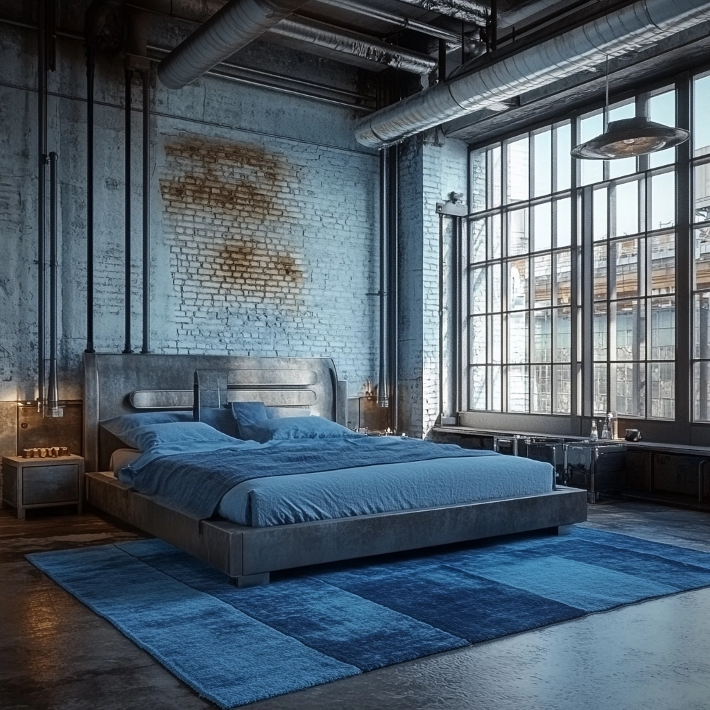 bedroom with blue rug 64