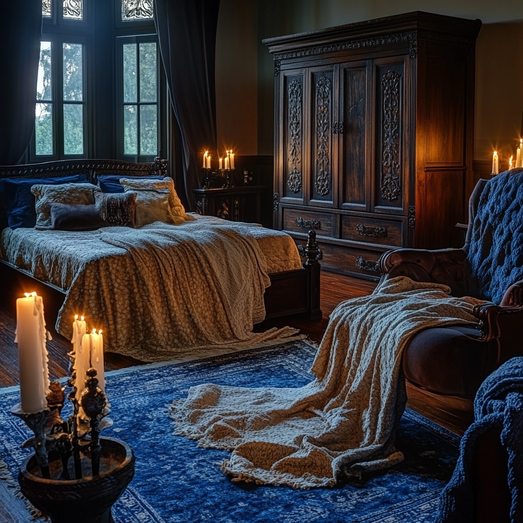 bedroom with blue rug 65