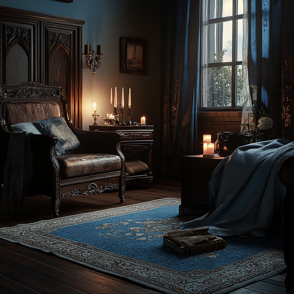 bedroom with blue rug 66