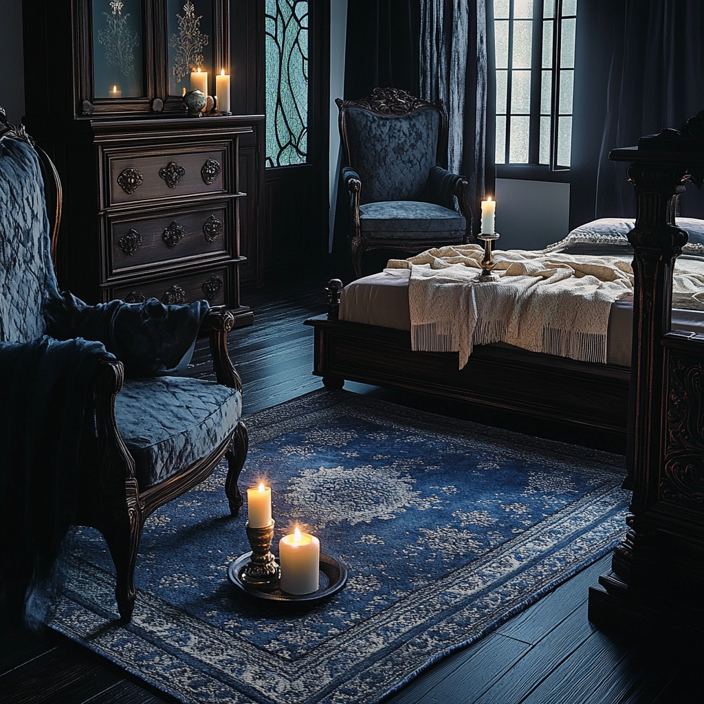 bedroom with blue rug 67