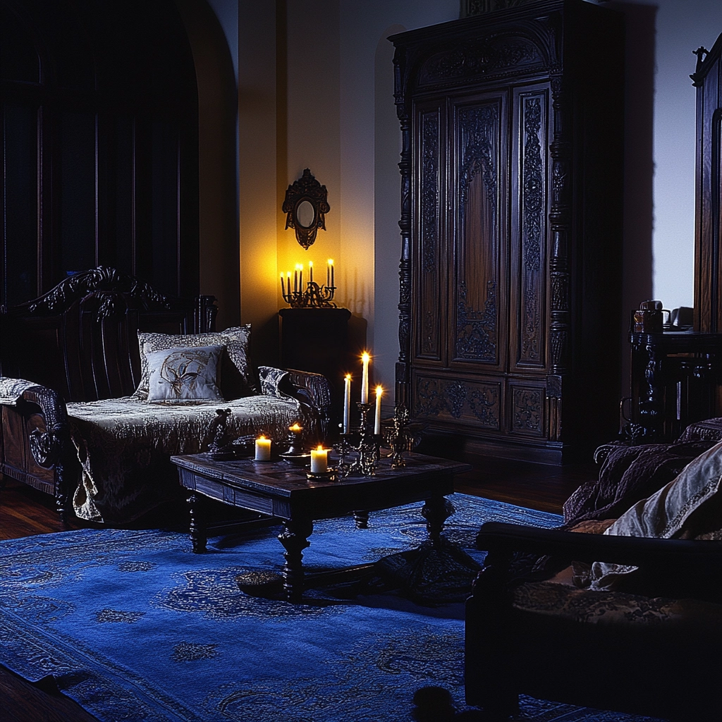 bedroom with blue rug 68
