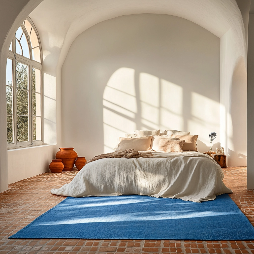 bedroom with blue rug 70