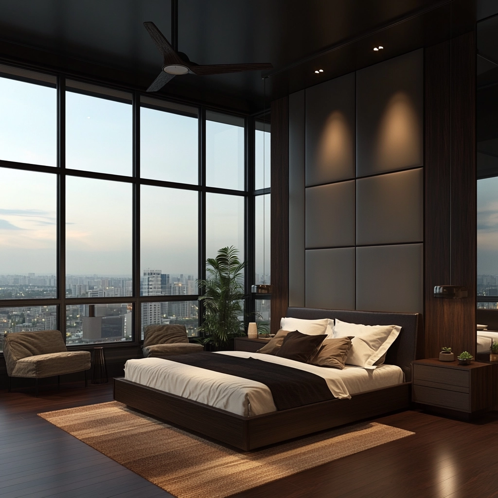 bedroom with dark grey carpet 58