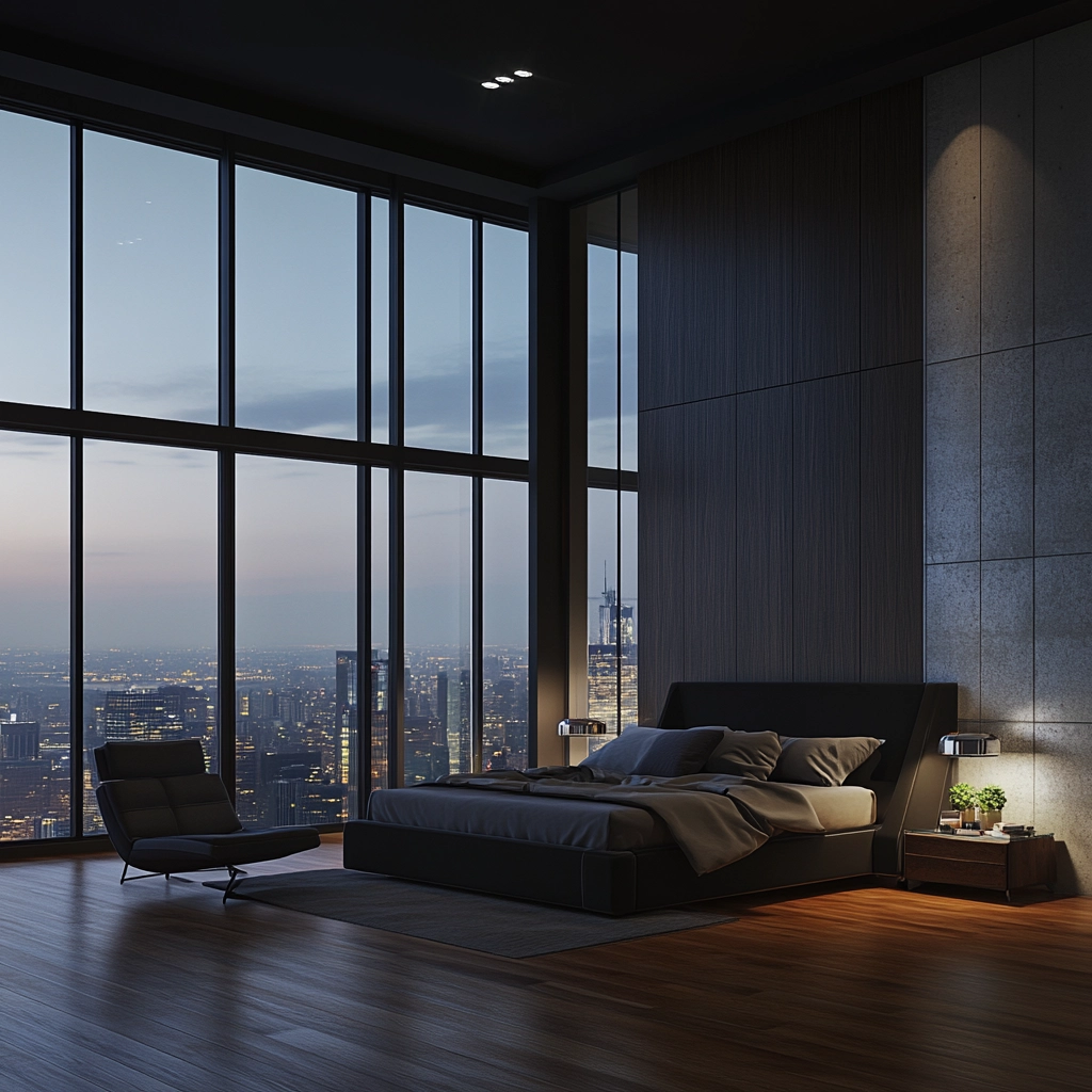 bedroom with dark grey carpet 59