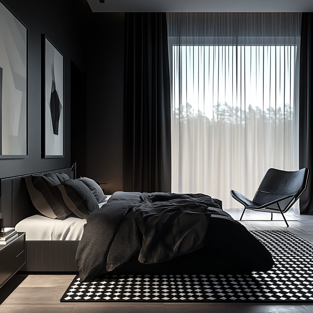 bedroom with dark grey carpet 8
