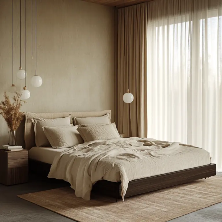 beige and dark wood bedroom 1