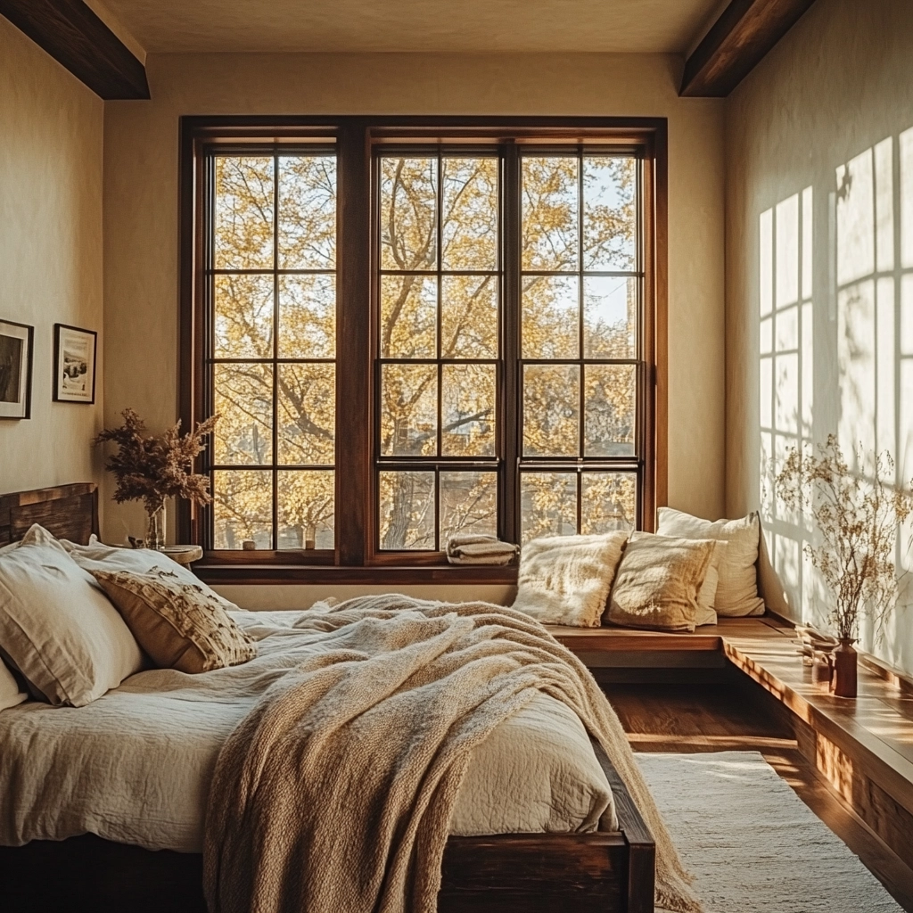 beige and dark wood bedroom 10
