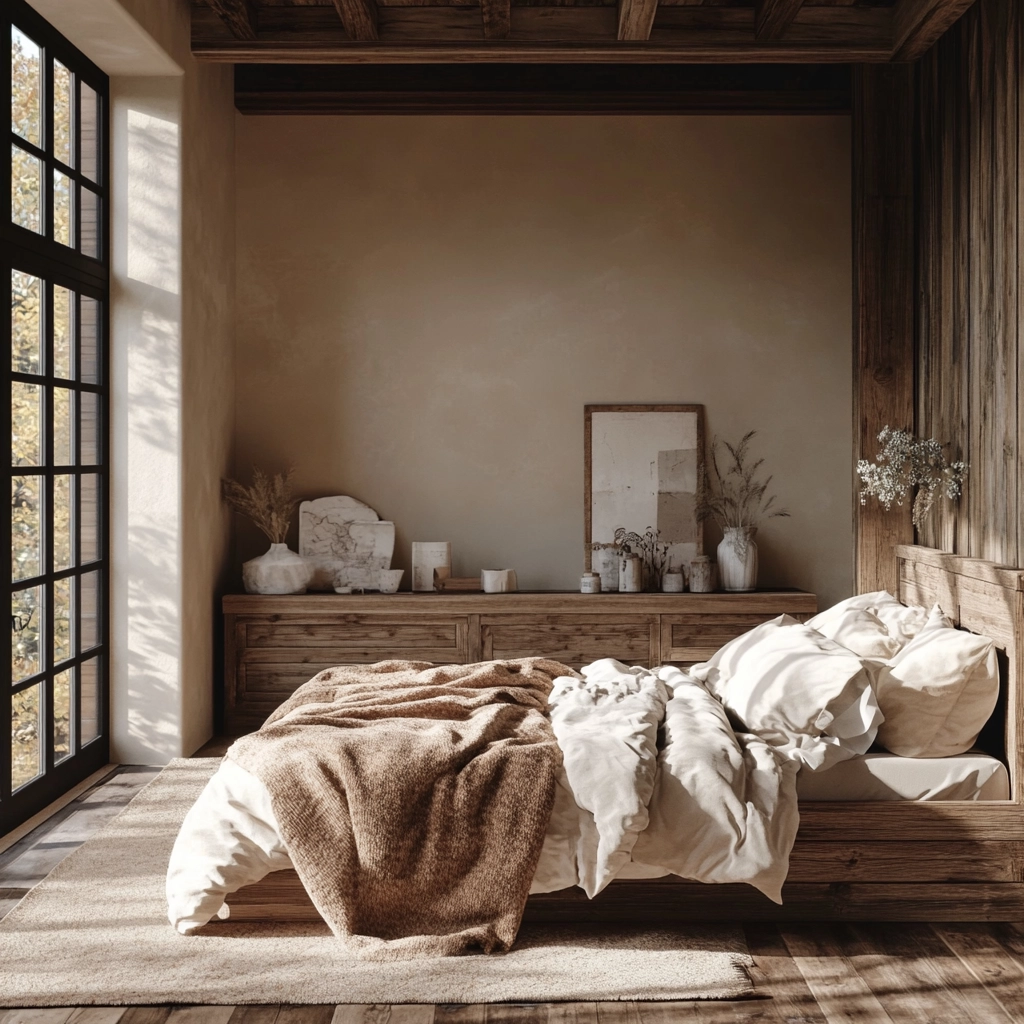 beige and dark wood bedroom 11