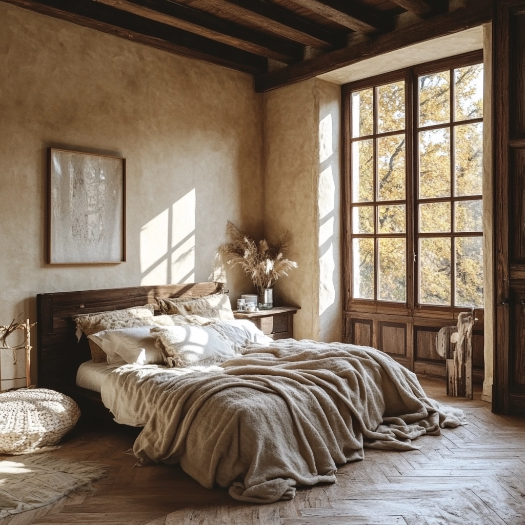 beige and dark wood bedroom 12