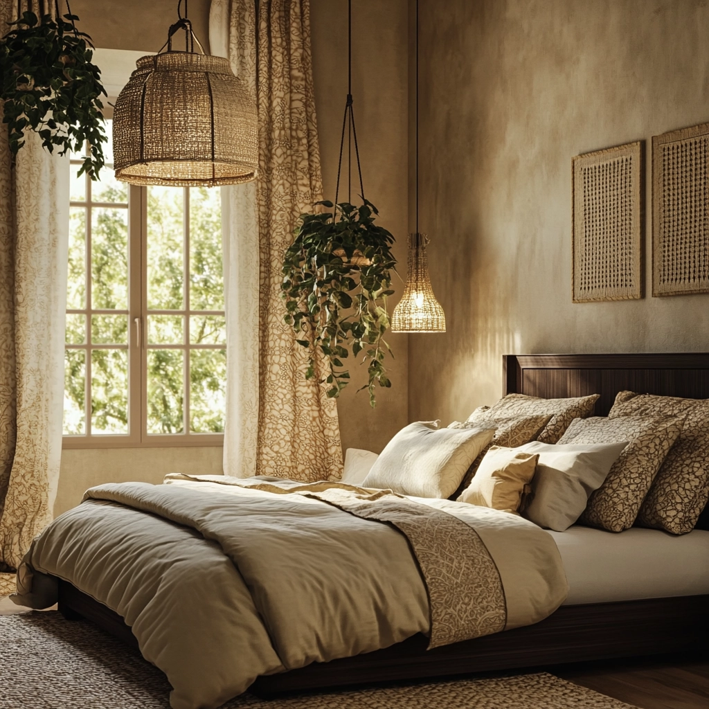 beige and dark wood bedroom 17