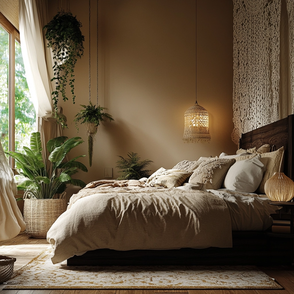 beige and dark wood bedroom 18