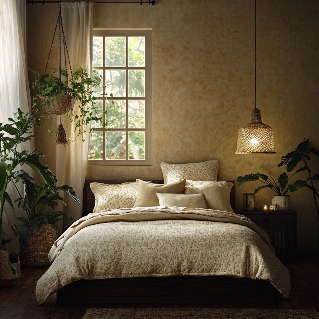 beige and dark wood bedroom 19