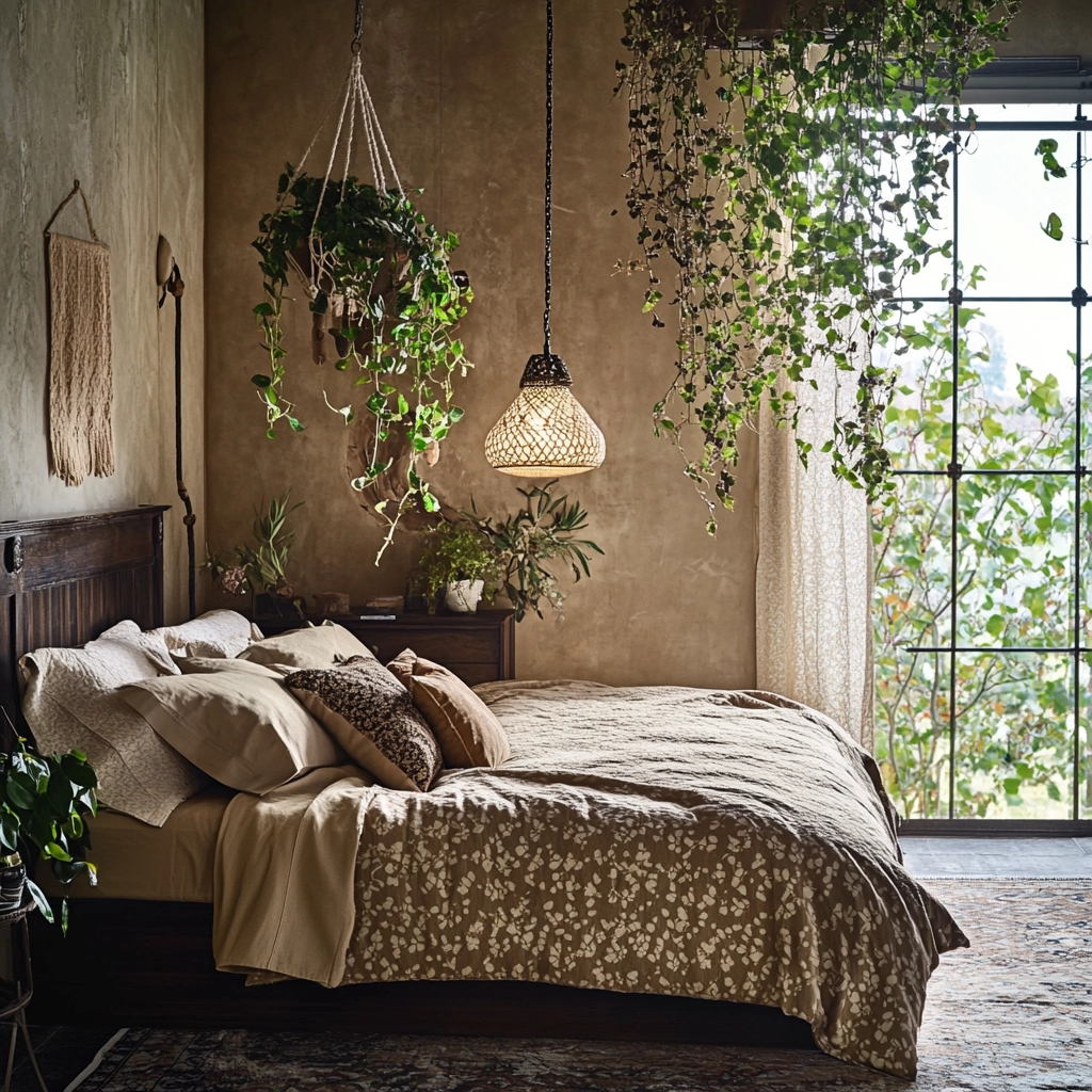 beige and dark wood bedroom 20