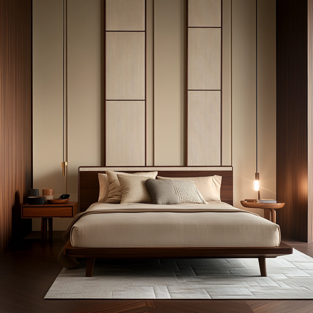 beige and dark wood bedroom 22