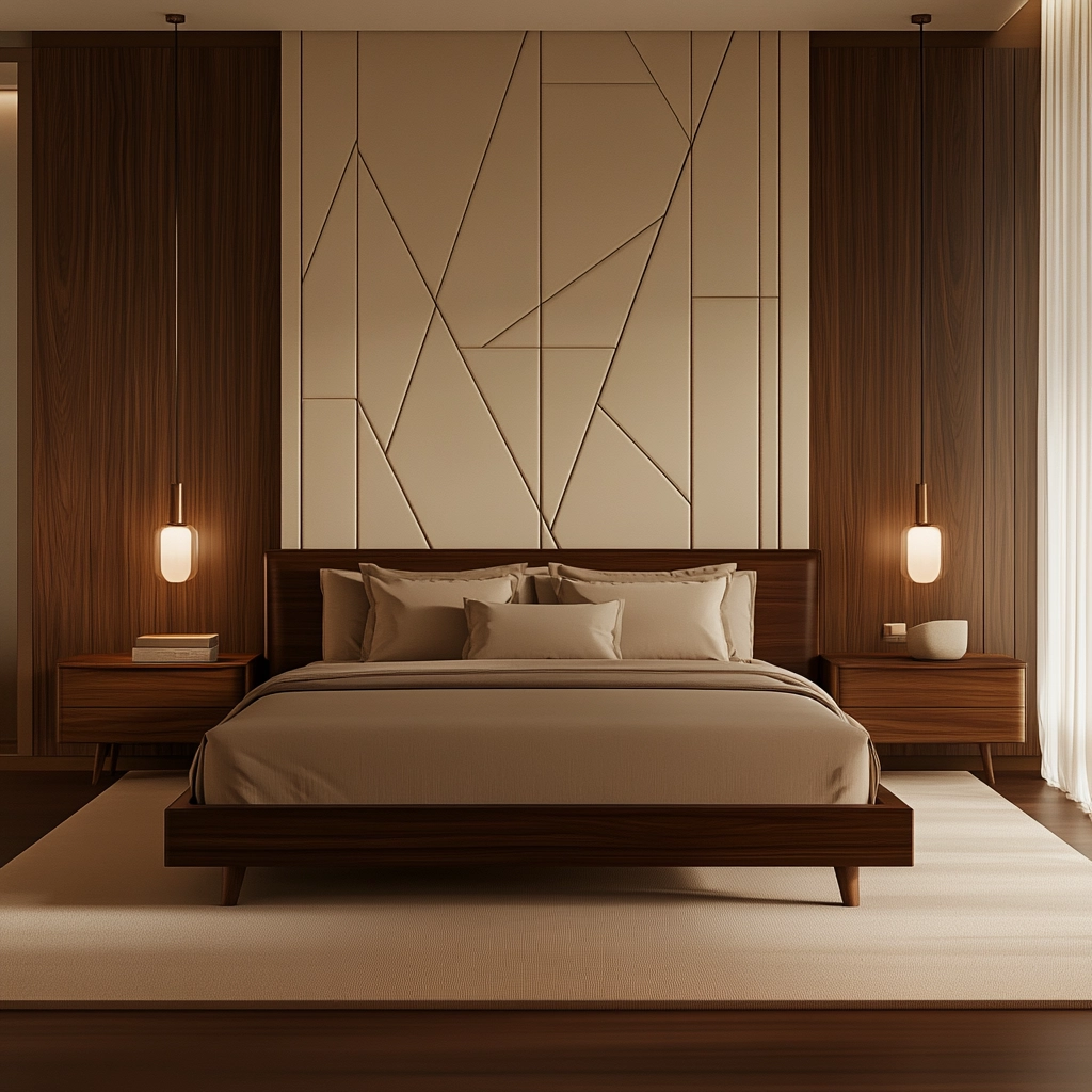 beige and dark wood bedroom 23