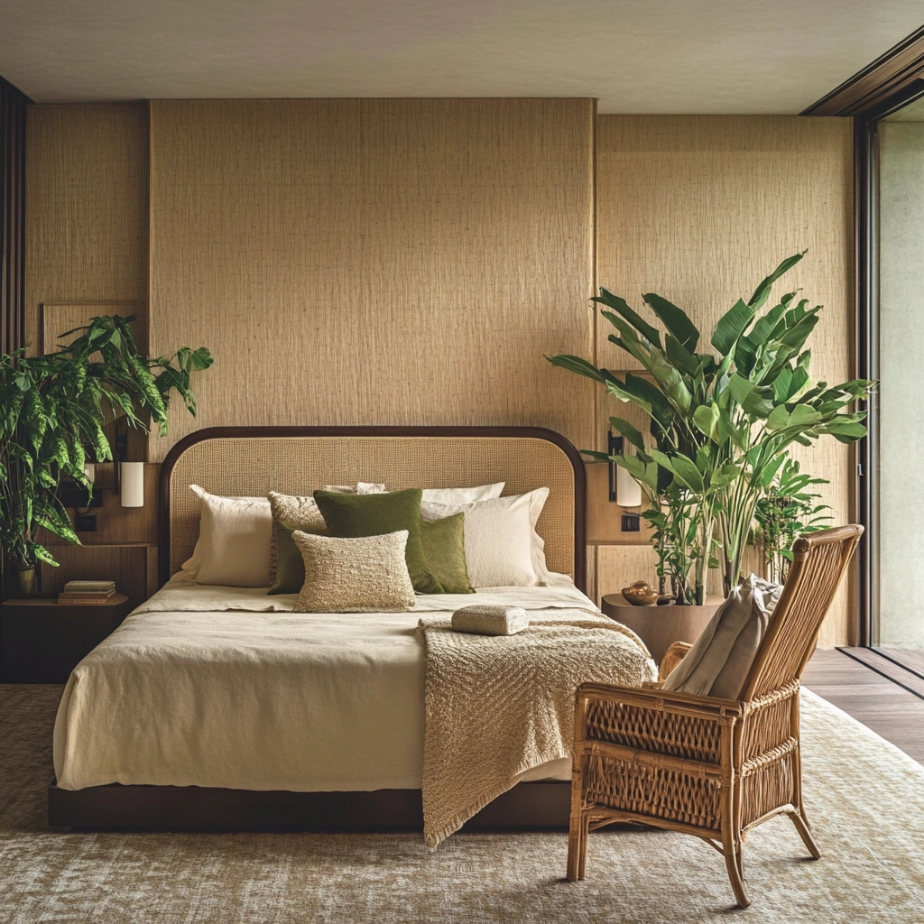 beige and dark wood bedroom 25