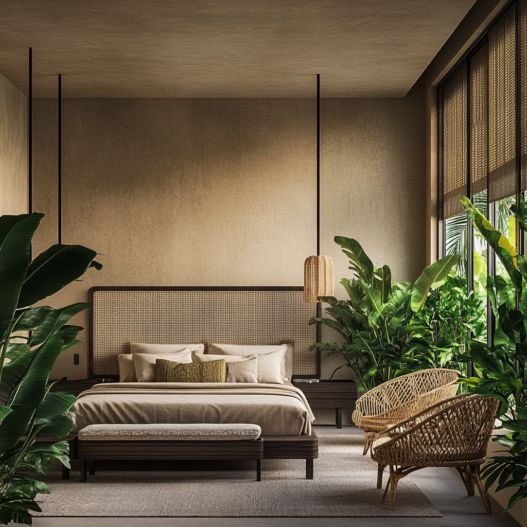 beige and dark wood bedroom 26