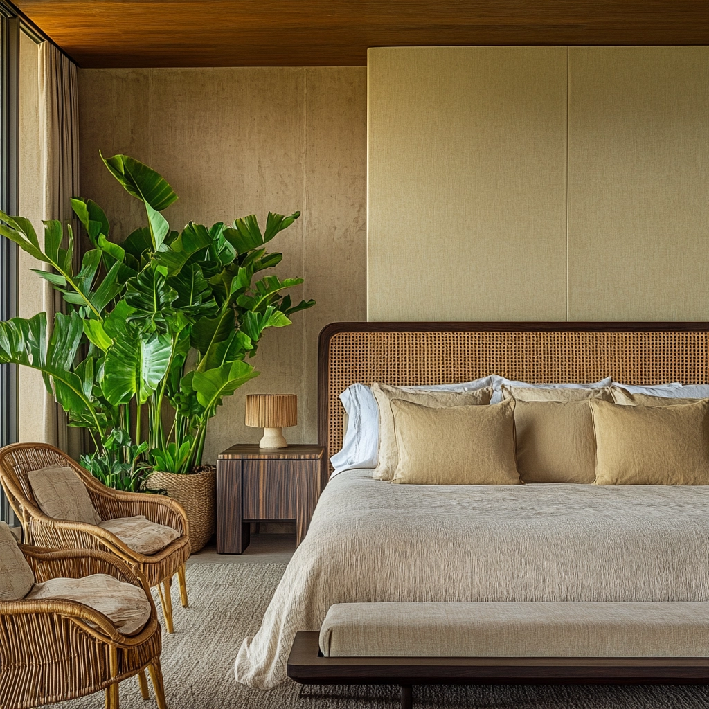 beige and dark wood bedroom 28