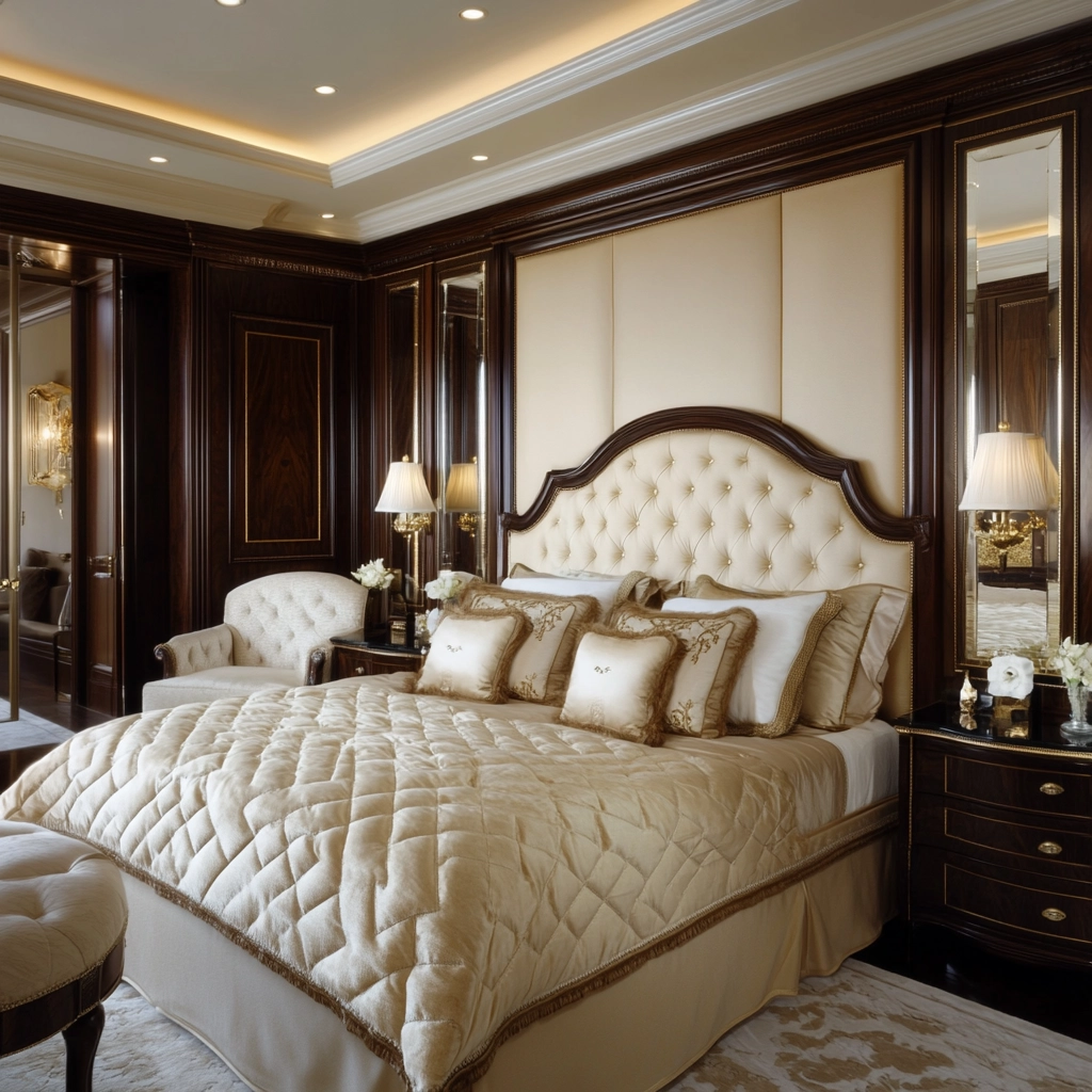 beige and dark wood bedroom 29