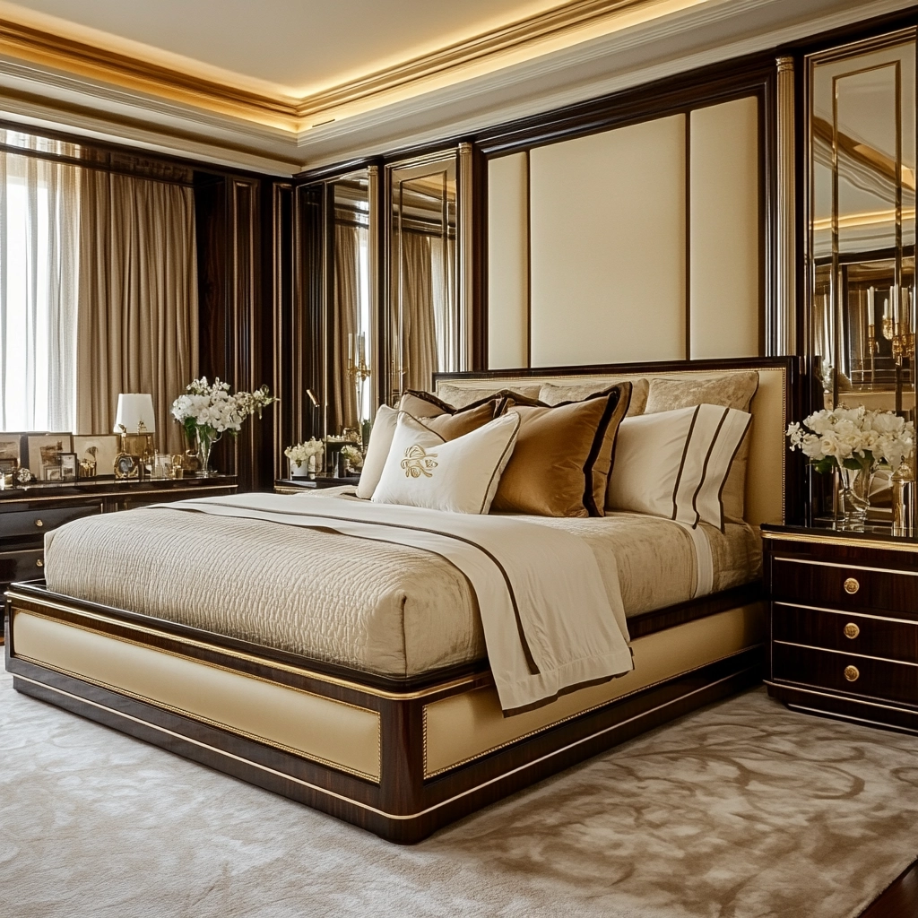 beige and dark wood bedroom 30