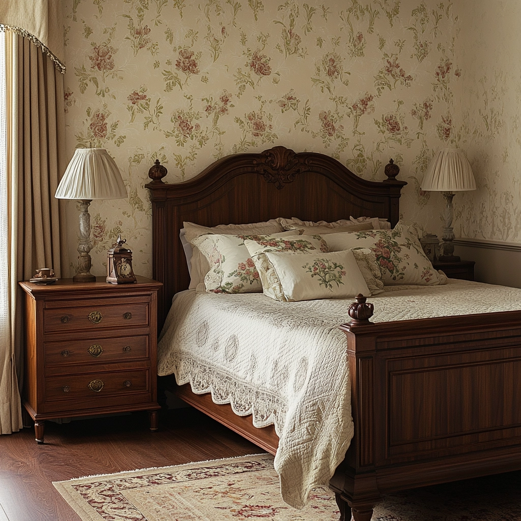 beige and dark wood bedroom 33