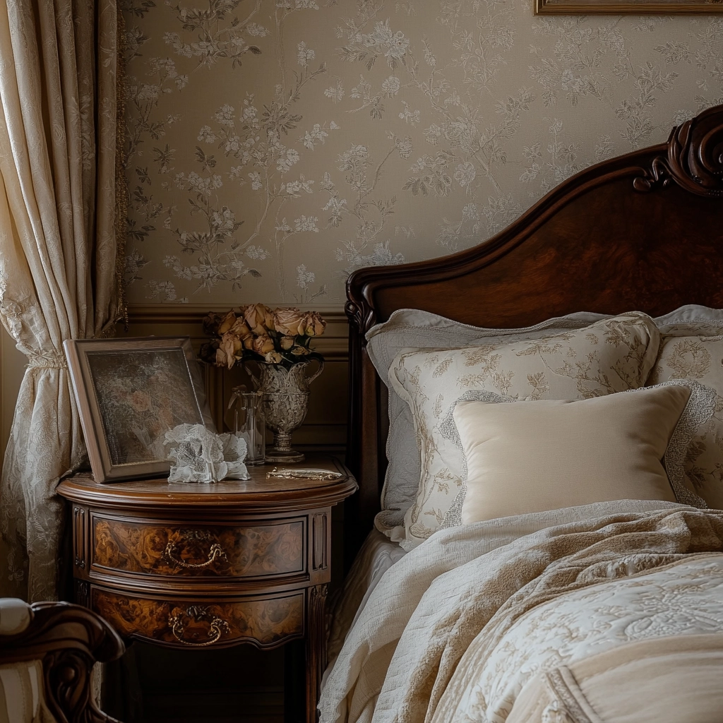 beige and dark wood bedroom 35