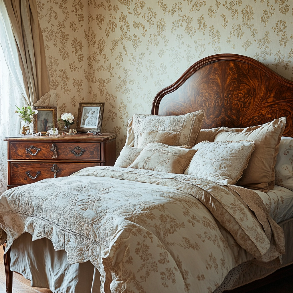 beige and dark wood bedroom 36