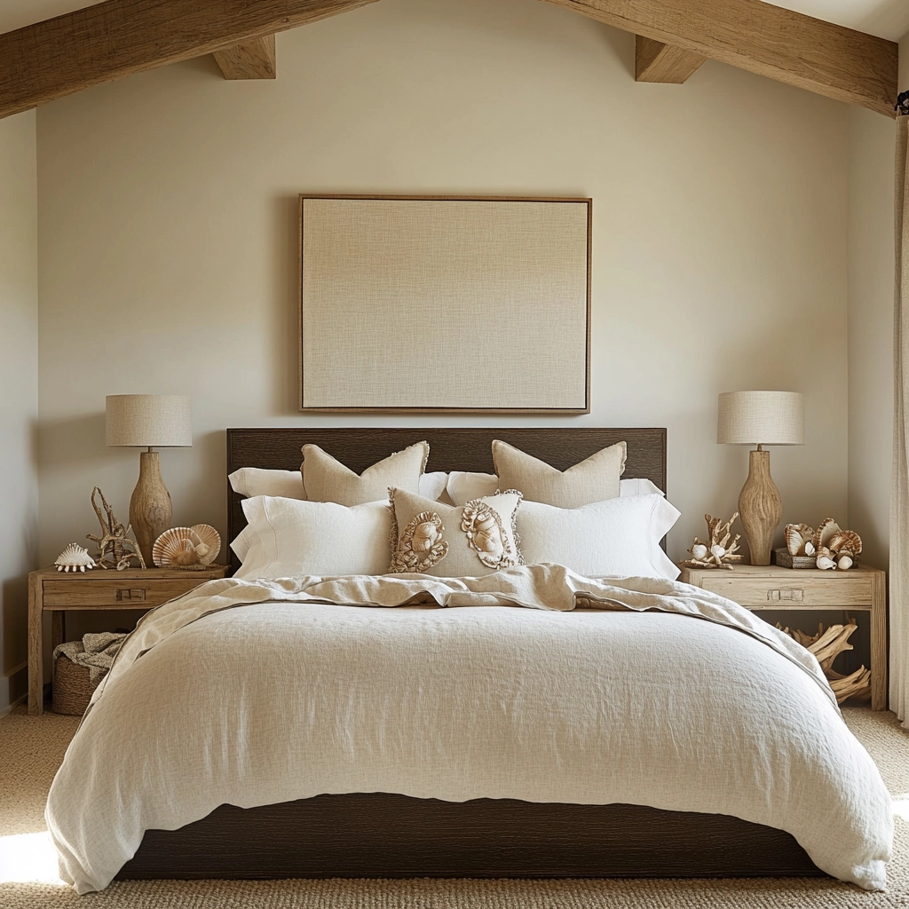 beige and dark wood bedroom 37