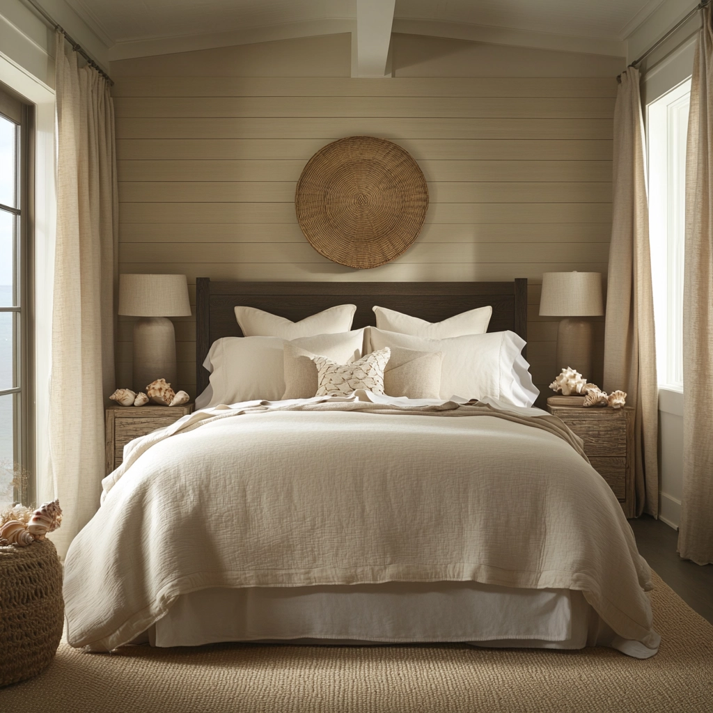 beige and dark wood bedroom 38