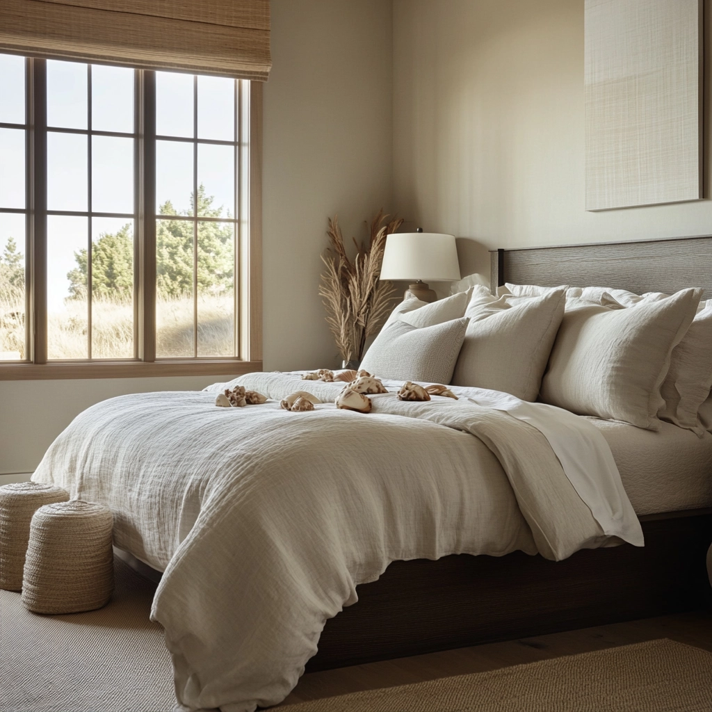 beige and dark wood bedroom 40