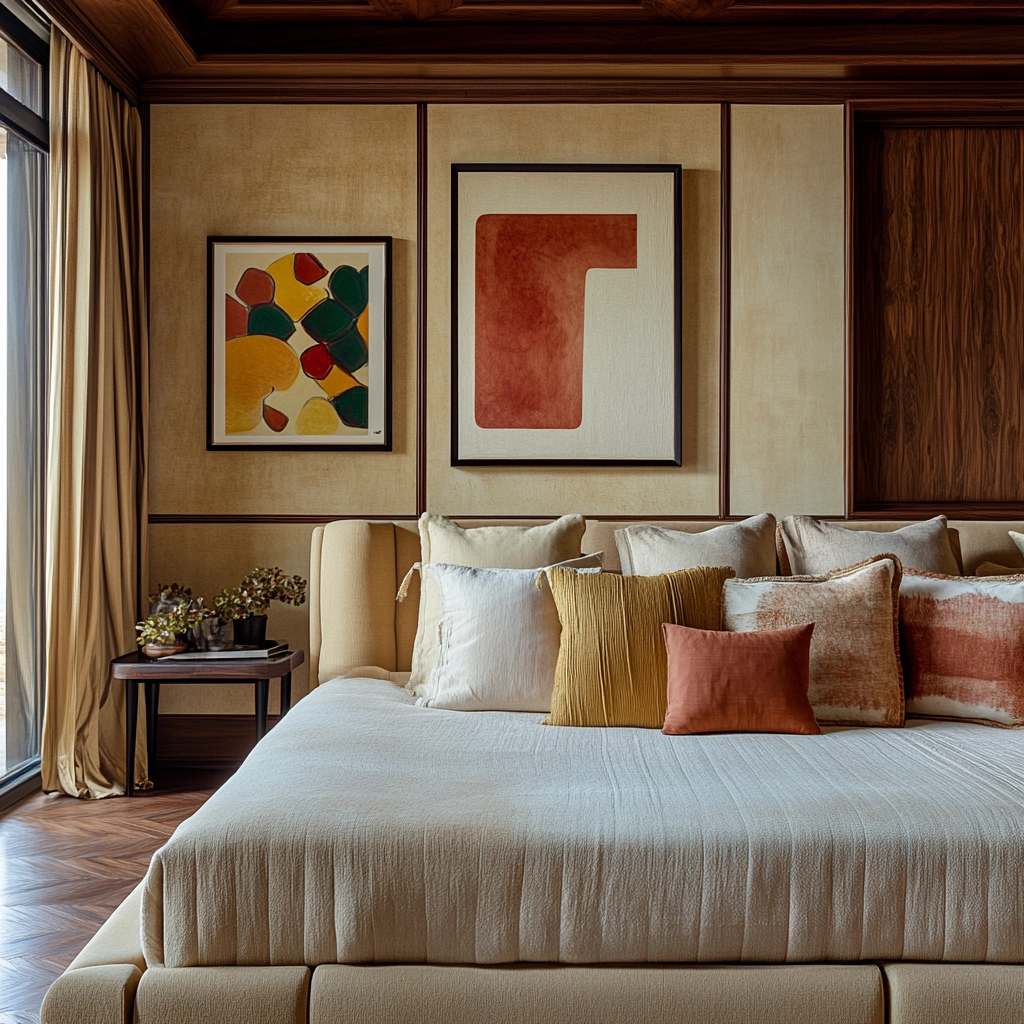 beige and dark wood bedroom 41