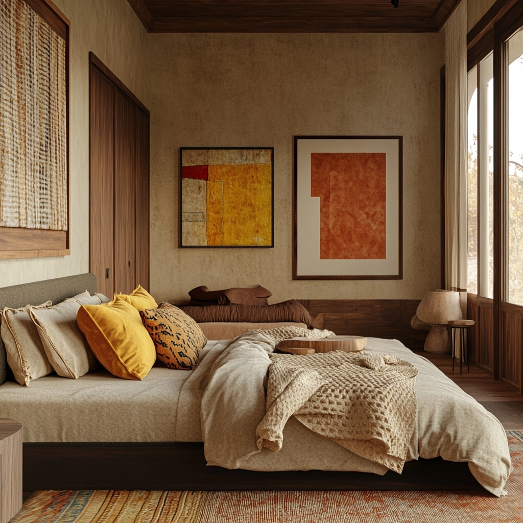 beige and dark wood bedroom 43