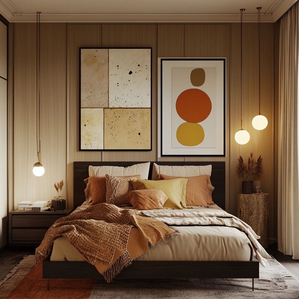 beige and dark wood bedroom 44