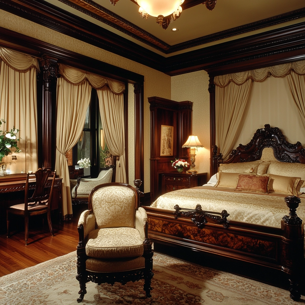 beige and dark wood bedroom 46