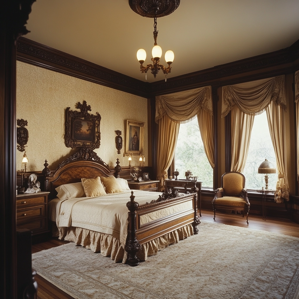 beige and dark wood bedroom 47