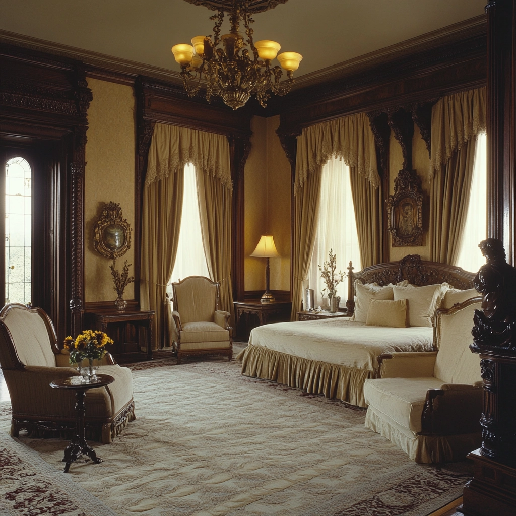 beige and dark wood bedroom 48
