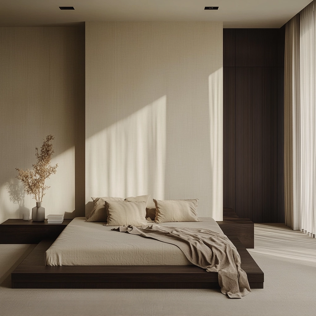 beige and dark wood bedroom 49