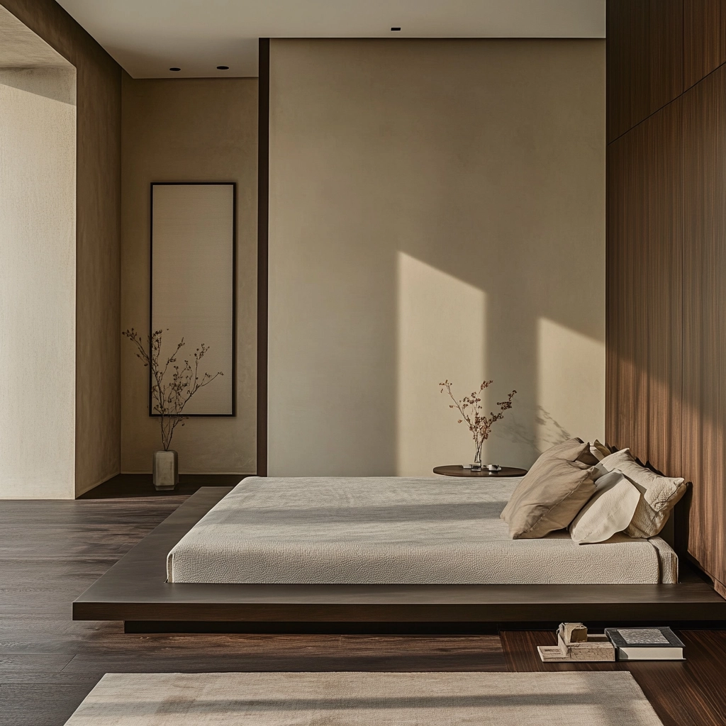 beige and dark wood bedroom 51