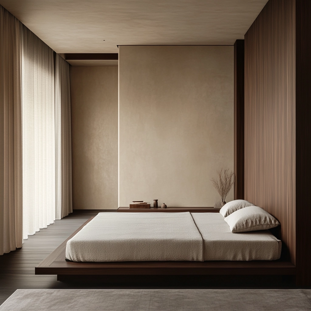 beige and dark wood bedroom 52